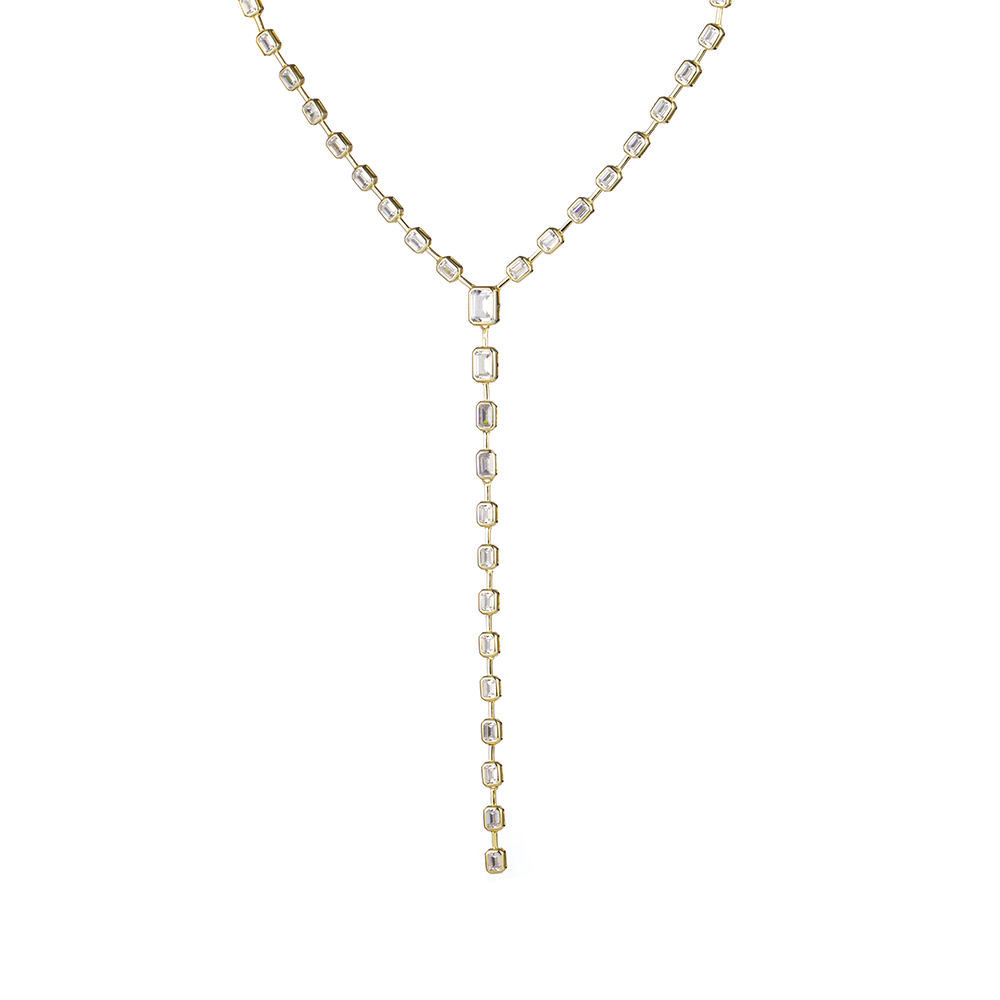 925 Sterling Silver Bezel Setting Emerald Cut White CZ Tennis Lariat Necklace