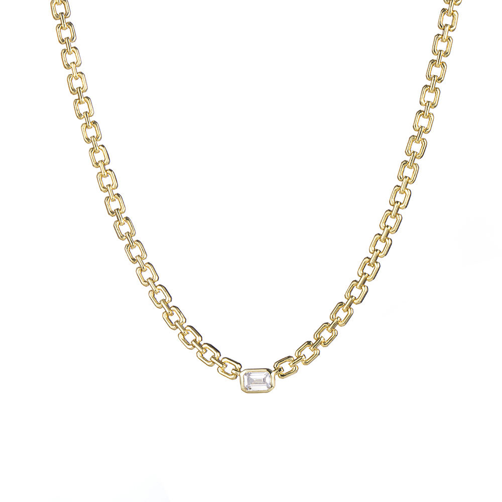 925 Sterling Silver Bezel Setting Emerald Cut White CZ Tennis Lariat Necklace